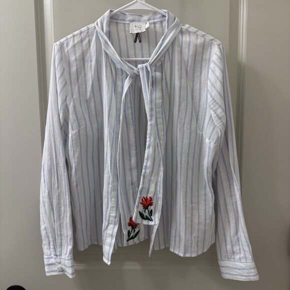 HD in Paris Tops - Anthropologie HD in Paris S Blue White Stripe Shirt Embroidered Floral